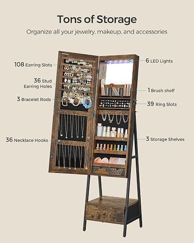 SONGMICS LED Cabinet Standing, Lockable Jewelry Armoire with Full-Length Mirror, Space-Saving Jewelry Organizer with Mirror, Bottom Drawer, Gift Idea, Christmas Gifts, Rustic Brown UJJC025X01 thumbnail 5
