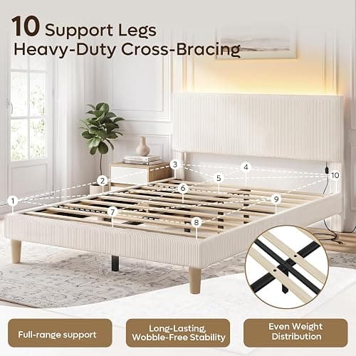 Bestier Queen Bed Frame with Headboard LED Lighting,Upholstered,Beige | Easy Assembly,LED Lighting Headboard,No Squeaks,Vertical Channel Corduroy Upholstered,Wood Slats Support,No Box Spring Needed thumbnail 3