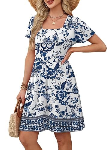 OFEEFAN Womens Summer Dresses 2025 Short Sleeve Square Neck Casual Sundresses with Pockets A-Line Color Block thumbnail 5