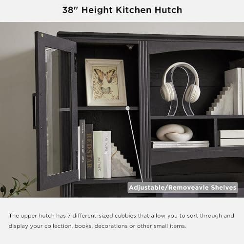 JXQTLINGMU Farmhouse 76" Height Computer Desk with Hutch, Office Desk with Charging Station, Drawers and Storage Cabinet, Workstation for Office Home, Black thumbnail 4