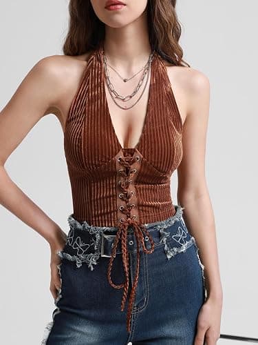 Verdusa Women's 2026 Going Out Halter Corset Top Lace Up Open Back Crop Tops Concert Cowgirl Outfits thumbnail 3