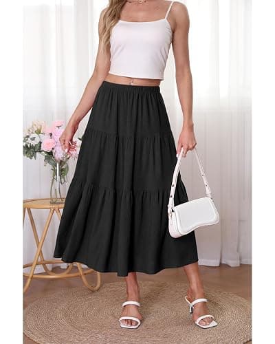 Kingfancy Women's Boho Midi Skirt A-Line Ruffle Elastic High Waist Tiered Flowy Skirts thumbnail 5