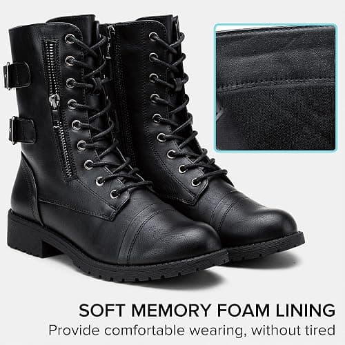 Vepose Women's Lace Up Mid Calf Combat Boots with Functional Pocket | Everyday moto style, functional zip pocket for cards and keys, low heel, inside zipper for city outfits and travel thumbnail 7