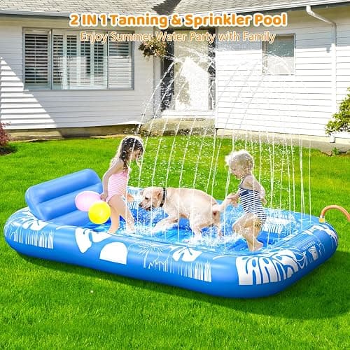 Inflatable Tanning Pool Lounger Float with Sprinkler, 77" x 48" Pool Floats Adult with Pillow, 6 in 1 Suntan Tub Raft Floatie with Drink Holder Sunbathing Water Lounge thumbnail 3