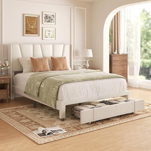 viplov Queen Bed Frame with Storage Drawers, Upholstered Queen Size Platform Bed with 47" Tall Headboard and Wingboard, No Box Spring Needed, Noise Free, Easy Assembly, Wooden Support Slats, Beige - Image 1