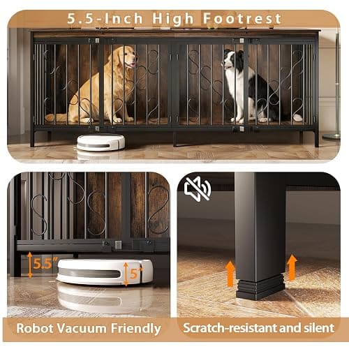COZPAW 71" Double Dog Crate with Elevated Legs, Brown | Extra-large kennel for 2 dogs, 5,5" raised legs for robot vacuum access, Heavy-duty steel & wood, Modern TV stand thumbnail 2