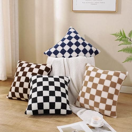 AmHoo Pack of 2 Decorative Throw Pillow Covers Checkerboard Luxury Super Soft Faux Fur Wool Set Case Cushion for Couch Sofa Bedroom 18 x 18-Inch Black thumbnail 3