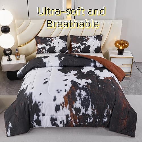 PERFEMET Black King Size Comforter Set 3 Pieces Cow Print Bedding Set Western Farmhouse Rustic Bed Comforter Animal Cowhide Quilt Set for Bedroom Decoration thumbnail 2