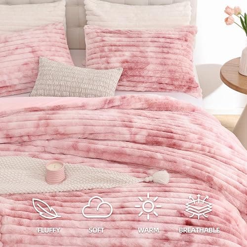 Smoofy Fluffy Full Size Comforter Sets 3 Pieces - Tie-dye Pink Fleece Fluffy Comforter Set, Luxury Fuzzy Full Bed Set, Soft Comforter Full Size All Season, Heavy Faux Fur Comforter with 2 Pillow Case thumbnail 2