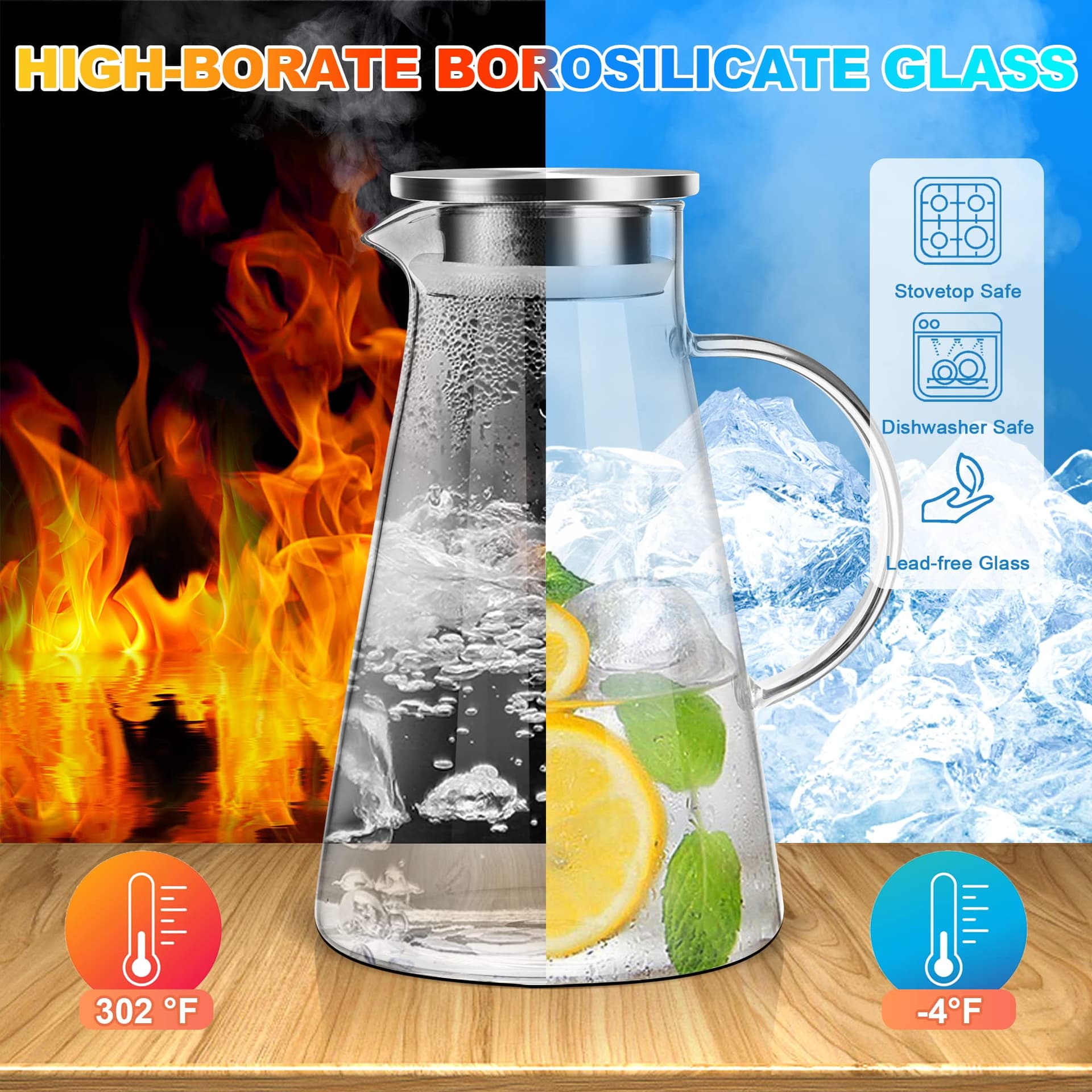 SUSTEAS Jarra de vidro de 2 litros de 1,927 g com tampa, garrafa de água de vidro resistente ao calor fácil de limpar com alça para bebidas quentes/frias - água, bebida fria, chá gelado e suco, com 1 thumbnail 2