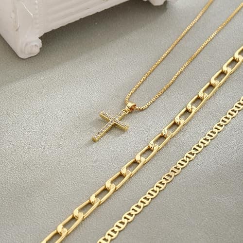 DIFOMI Layered Cross Necklaces for Women, Dainty 14K Gold/Sterling Sliver Plated Cross Necklace Cubic Zirconia Cross Pendant Simple Cuban Figaro Chain Long Snake Necklace Jewelry Gift for Women Trendy thumbnail 7