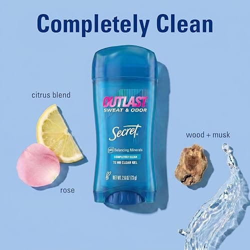 Secret Outlast Antiperspirant Deodorant for Women, 72hr Sweat & Odor Protection, PH Balancing Minerals, Pro-Hyaluronic Acid, Clear Gel, Completely Clean Scent, 2.6 oz (Pack of 2) thumbnail 7