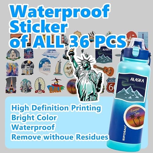 Insulated Water Bottle with Lid & Boot & Stickers, 40 oz Stainless Steel Sweat Free Bottle Keep Cold 24H, BPA-Free Sports Wide Mouth Water Bottle, CyanBlue thumbnail 8
