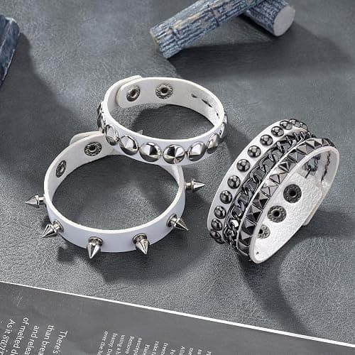 Eigso 3 Pcs Leather Punk Bracelets for Men Women of Rock Rivet Wrap Retro Spike Bracelet Adjustable thumbnail 2