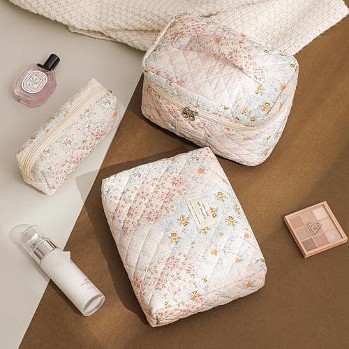 uekeboag Quilted Cotton Makeup Bag,Coquette Quilted Toiletry Bag for Women and Girls,Floral Coquette Pouch,Cute Kawaii Travel Cosmetic Bags(03 Pink Flower) thumbnail 5