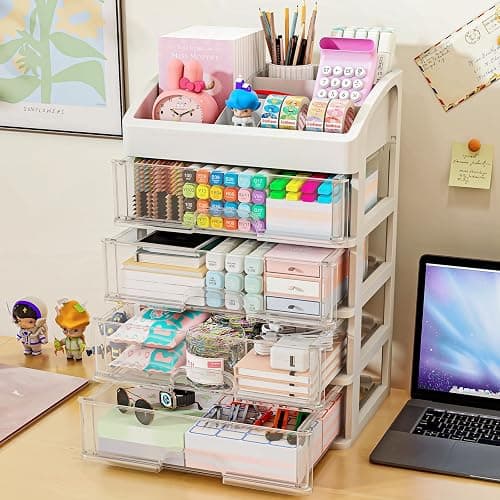 Desk Organizer with 4 Drawer Storage, Desktop Drawers Organizer for Office/School Supplies, Plastic Stationary Makeup Organizer, Desk Storage Box Organizer for Office, School, Bathroom thumbnail 2