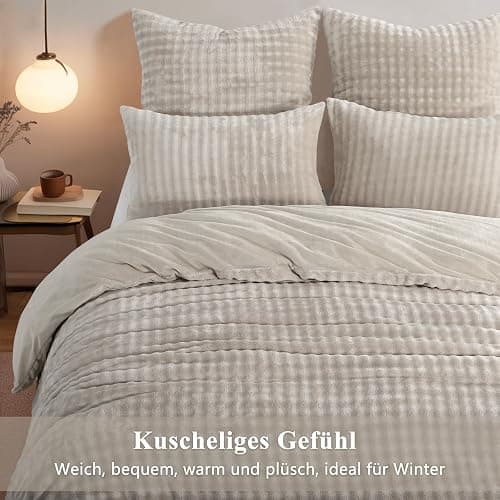 RUIKASI Winter Plüsch Bettwäsche 200x220 3teilig Beige - Warme Kuschelig Weich Flauschige Flanell Fleece Bettwäsche Luxus Wende Bettbezug mit Reißverschluss und 2 Kissenbezug 80x80cm thumbnail 3