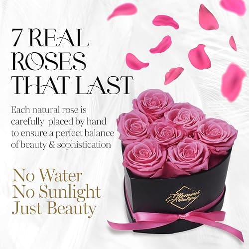 GLAMOUR BOUTIQUE 7 Flower Forever Heart Shape Box - Preserved Roses Gift for Her, Preserved Flowers, Pink thumbnail 3