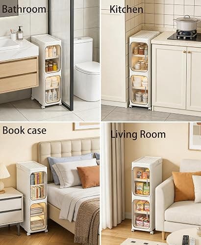 2-Tier Narrow Storage Cabinet Slim Bathroom Skinny Organizer with Wheels | Slim Storage Cabinet with Lockable Rolling Wheels Adjustable Detachable Shelves Snap Assembly for Small Spaces,Snow White thumbnail 3