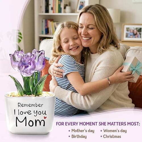 Birthday Gifts for Mom from Daughter Son - Mini Purple Glass Tulip | Remember I Love You Mom - Mom Birthday Gifts for Mothers - Collectible Flower Figurine thumbnail 5