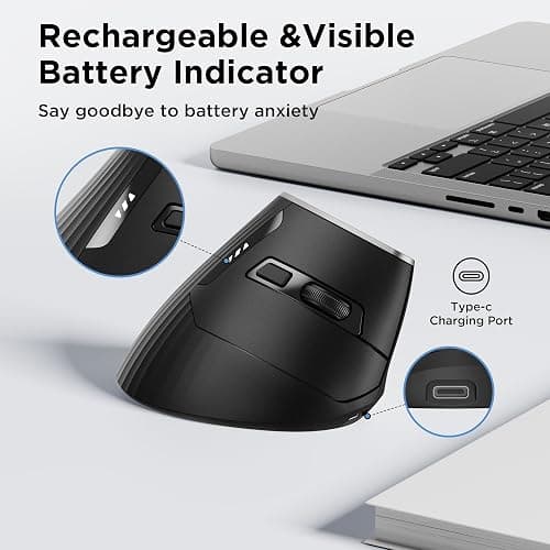 Uineer Wireless Ergonomic Mouse, Bluetooth Mice (BT4.0/5.0 and 2.4G) Rechargeable Vertical Mouse, Multi Device Connection, 6 Button Quiet Clicks, 4 DPI Optical Computer Mouse for Laptop, PC, Black thumbnail 6