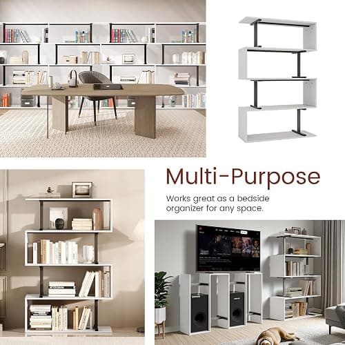GRUSIGN 5-Tier White Geometric Bookshelf, S Shaped Bookcase,Wood Decorative Storage Shelving,Modern Freestanding Display Shelves for Office,Bedroom,Living Room, 31.5" W x 58.3" H thumbnail 5