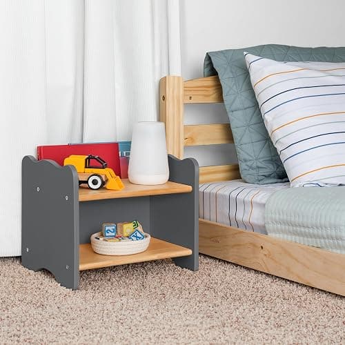Ocodile Kids Nightstand for Floor Beds, Solid Wood Small Bedside Table with Book Pocket, Low Tiny Nightstand for Nursery, Toddler & Kids Room, Montessori Style Side Table - Gray - Image 1