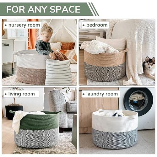 INDRSSME Large Laundry Storage Basket, 21.7 x13. 8 - Decorative Rope Blanket Basket for Organizing Bedroom, Living Room, Nursery, Toy Storage for Colthes Towel, Empty Gift Baskets -Green thumbnail 5