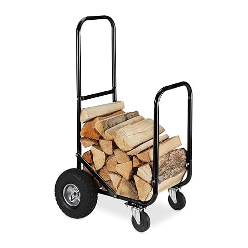 Relaxdays Chariot pour bûches en Bois, en Acier, 107,5 x 52 x 58 cm, sur 2 Roues et 2 roulettes, capacité de 60 kg, Noir - Image 1