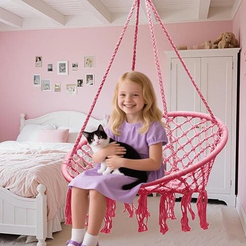 Goutime Hammock Chair, Macrame Hanging Swing Chairs with Hardware Kit,Adult Boho Swings for Outside,Patio,Balcony,Bedroom (Pink (Pillows are not Included)) thumbnail 3