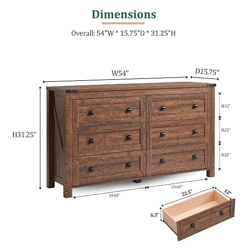 RedLemon Farmhouse 6 Drawer Dresser for Bedroom, 54 Inch Wide Rustic Wood Dresser TV Stand, Chest of Drawers for Closet, Living Room, Hallway, Reclaimed Barnwood thumbnail 2