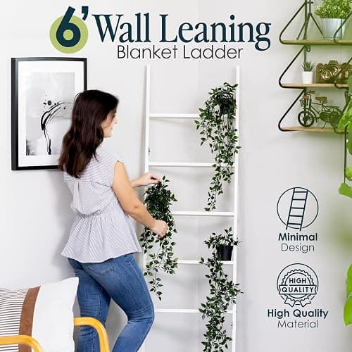 Blanket Ladder for Living Room and Bedroom, 5ft 8 inch, 6-Tier Wall Leaning Laminate Snag Free Construction (White) Rustic Decorative Farmhouse Blanket Storage, Quilt Rack, Ladder Shelf, Easy Assembly thumbnail 6