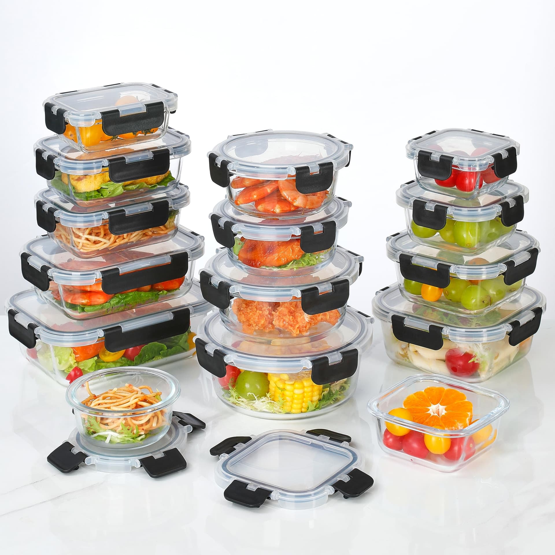 15 Pack Glass Food Storage Containers with Lids, Airtight Leak Meal Prep Glass Containers, 3 Size Lunch, BPA Free，Reusable for Kitchen Organization (15 pcs Black) thumbnail 5