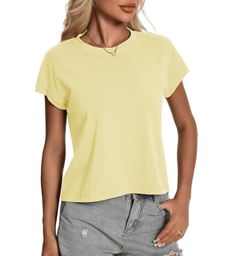 Trendy Crewneck Cap Sleeve Cotton Loose Pullover Casual Womens Summer Tops | cotton summer lightweight comfy athletic daily holiday casual tops for women, great match with skinny jeans shorts sneakers - Image 1
