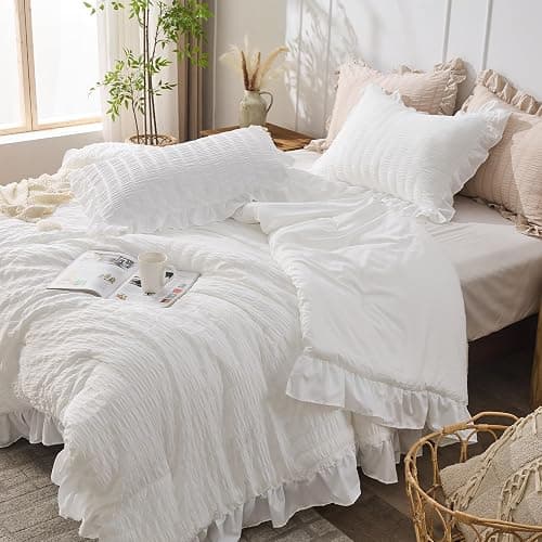 JOLLYVOGUE Queen Comforter Set, 3 Pieces White Seersucker Comforters Queen Size, Lightweight & Fluffy Bedding Sets Queen for All Season with 1 Ruffle Comforter and 2 Ruffle Pillowshams thumbnail 7