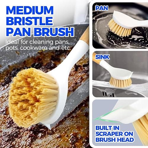 Holikme 3 Pack Dish Brush Set with Bamboo Handle, Kitchen Brushes for Cleaning Pot, Sink and Stove, Skillet Scrubber with Tough Bristles for Cast Iron Grill Pan, Yellow White Black thumbnail 5