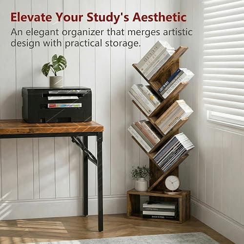 6 Tier Tree Book Shelf - Small Bookshelf Decor, Corner Bookshelf, Living Room Storage, Tall Narrow DVD & CD Shelf Storage Bookshelves, Comic Bookcases Standing for Bedroom or Office, Rustic Brown thumbnail 7