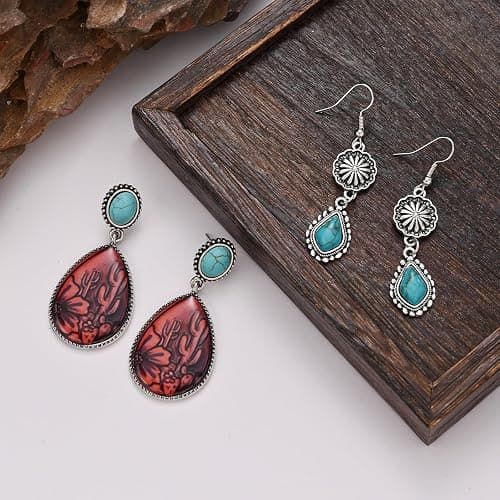 Western Earrings for Women Bohemian Silver Oval Teardrop Turquoise Earrings Dangle Western Country Cowgirl Jewelry Accessories Gift thumbnail 4