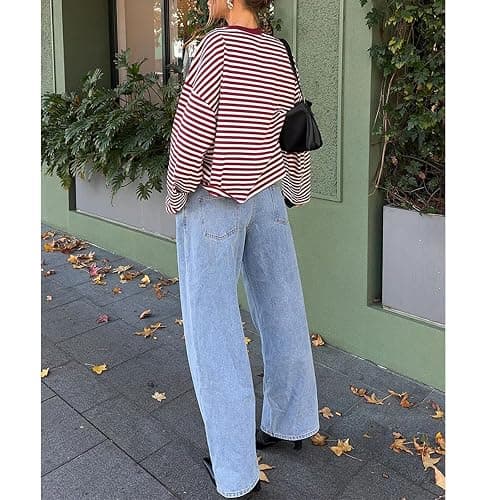 KOSUSANILL Women Oversized Striped Long Sleeve Shirt Crewneck Cropped Tops Drop Shoulder Y2K Preppy Sweatshirt Fall Clothes thumbnail 6