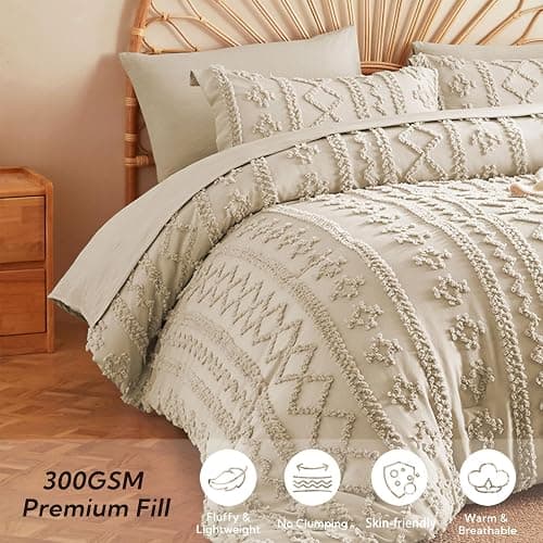 MR&HM Tufted Boho Comforter Set Queen, Linen Farmhouse Bedding Set, Bed in a Bag Set 7 Pieces with 1 Comforter, 2 Pillow Shams, 2 Pillowcases, 1 Flat Sheet, 1 Fitted Sheet for All Seasons thumbnail 3