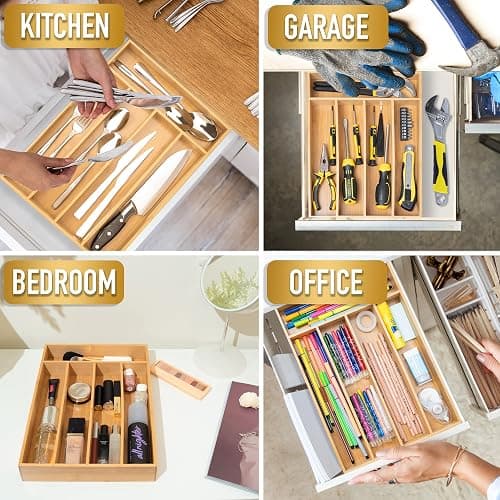 Besilord Silverware Organizer Kitchen Drawer Organizer Utensil Organizer Bamboo Silverware Holder Cutlery Organizer in Drawer Flatware Organizer Tray(5 slots, Natural thumbnail 6