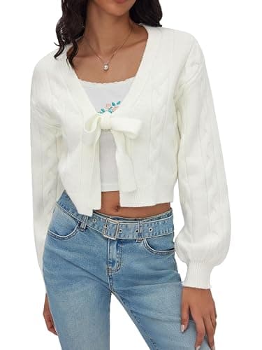 CIDER Womens Crop Tie Front Cardigan Cute Fall Fashion Cozy Sweaters Trendy Crochet Going Out Puff Sleeve Top thumbnail 2