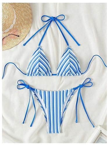 RoseSeek Women's 2 Piece Bikini Sets Halter Tie Side Triangle Swimsuit Striped Bathing Suit thumbnail 5