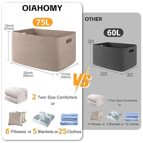 OIAHOMY 75L Large Woven Cotton Rope Storage Basket with Handle for Organizing Blanket and Toys for Living Room, Nursery, Brown Variegated 22”x17”x12” thumbnail 3