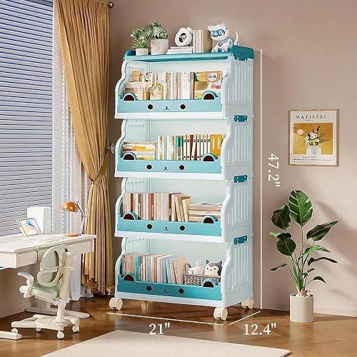 Roqao Book Cart, 4 Tier Rolling Cart, Movable Rolling Bookcase, Book Shelf for Kids Rooms, Rolling Utility Cart with Lockable Casters for Classroom, Study, Office, Bedroom - Sky Blue thumbnail 2