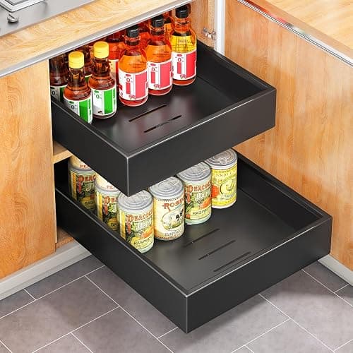 SAYZH Pull Out Cabinet Organiser, Heavy Duty Slide Out Drawer Storage Shelves for Kitchen Cupboard, Extendable Sliding Drawer(43 CM Depth x 25 CM Width x 9CM Height), No Need Drill(Black) - Image 1