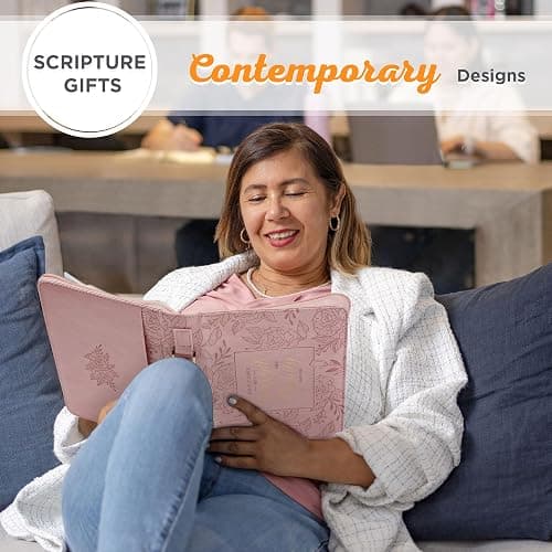 Christian Art Gifts Premium Vegan Leather Fashion Floral Bible Cover for Women: Strength & Dignity - Prov. 31:25 Inspirational Scripture Verse Carry Case w/Pockets & Pen Storage, Pink & Gold, Large thumbnail 9