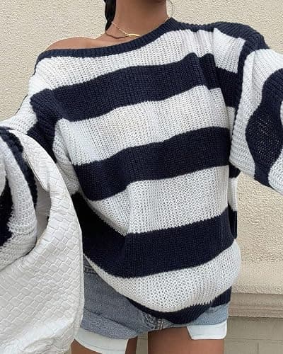 GCZREN Women Casual Oversized Drop Shoulder Long Sleeve Striped Sweater Loose Off Shoulder Color Block Knit Pullovers thumbnail 4