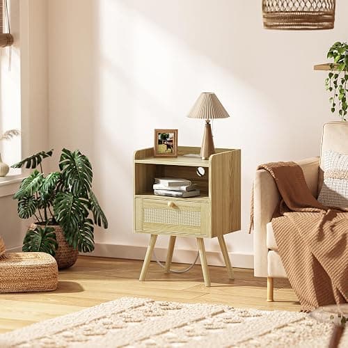 SUPERJARE Nightstands Set of 2, Night Stands with Charging Station & PE Rattan Decor Drawer, Bed Side Tables with Solid Wood Feet, End Table, for Bedroom, Living Room - Natural thumbnail 8