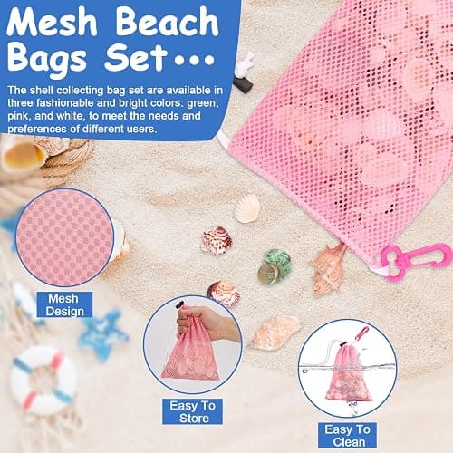 Pink Mesh Beach Bags For Kids 5.9 x 8.3 Inch Seashell Bags With Clip And Toggle Closure For Beach And Box Toy Bag With Toddler Must Haves Beach Vacation Essentials（Only Bags） thumbnail 4